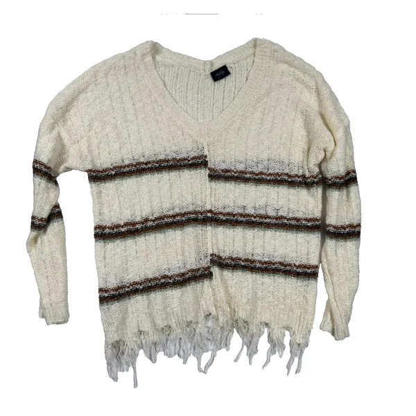 Daytrip Boho Fringe Sweater Cream Striped Distressed‎ Hem Knit Top M/L - Image 2