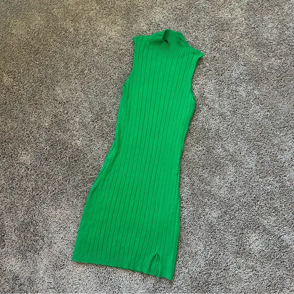 Papermoon Sleeveless Ribbed Mock Neck Dress in Green - Image 2