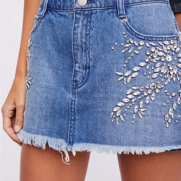 Free People Shine Bright Shine Far Medium Wash Denim Rhinestone Mini Skirt - Image 10