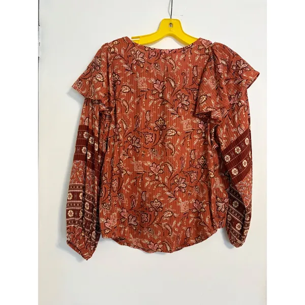 Loft Bouquet Ruffle Tie Neck Blouse Auburn Orange‎ Size Small Boho Fall - Image 4