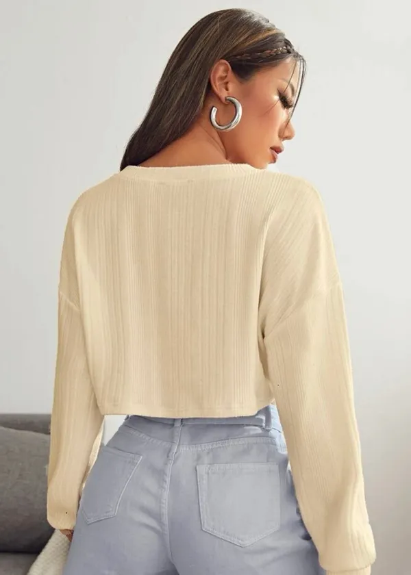 SheIn - Beige V-neck Drop Shoulder Rib-knit Crop Tee - Image 2