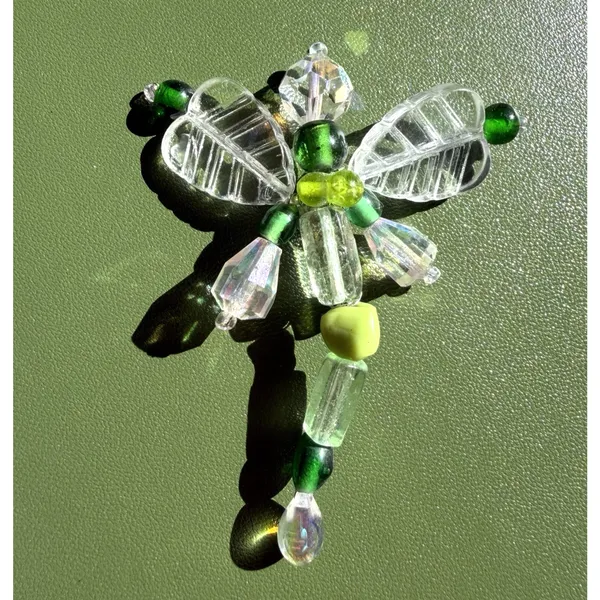Vintage Beaded Dragonfly Brooch Green Clear Crystal Glass Pin 2.5” - Image 2