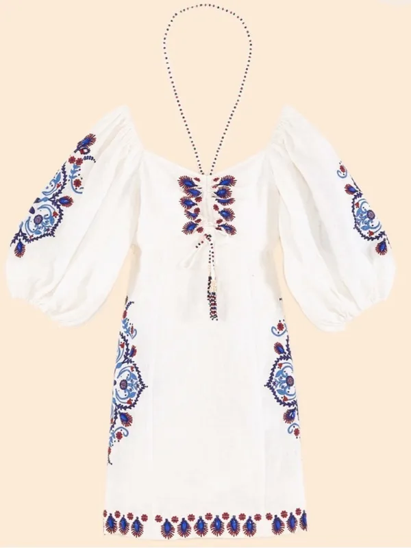 FARM Rio Off-White Navy Embroidery Mini Dress S - Image 9