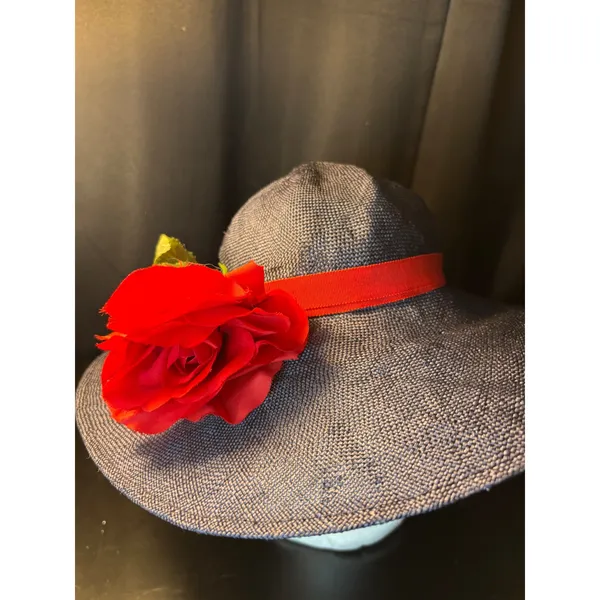 Career Collection Navy Blue Wide Brim Sun‎ Hat Red Rose Accent Straw Style Hat - Image 6