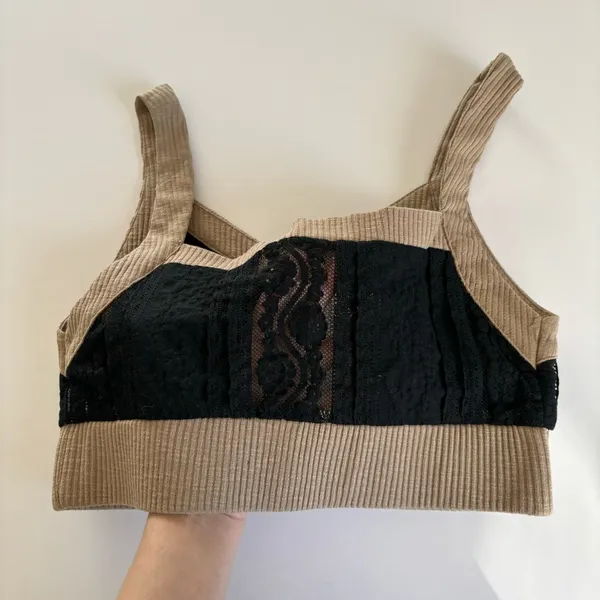 POL Boutique Black Lace Tan Button Front Crop Top Size Medium NWT - Image 7