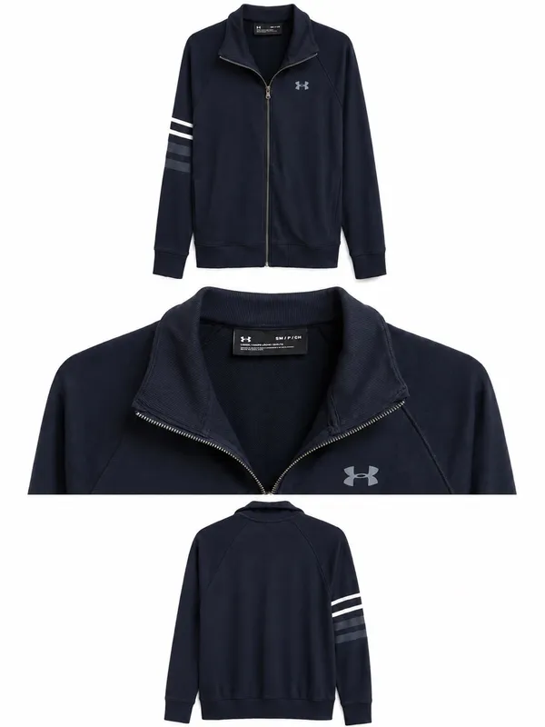 Under Armour Men’s Navy Zip-Up Performance Jacket with Sleeve Stripes - Image 4