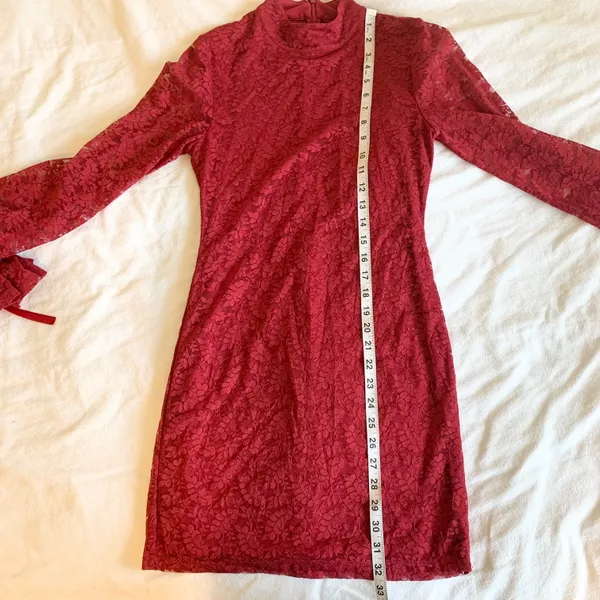 Revolve Lovers + Friends Talia Lace Long Bell Sleeve Mini Dress in Ruby Red - Image 9