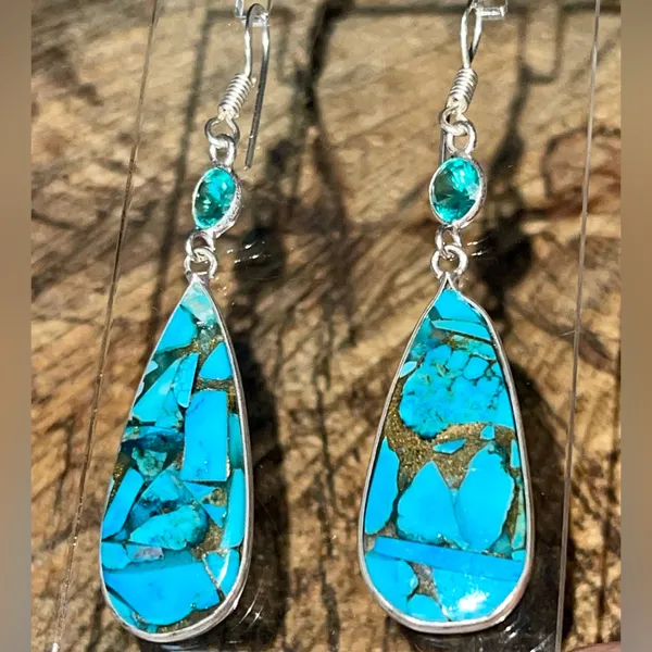 Faceted Turquoise in Copper Earrings 2 1/4” Gold - Image 2