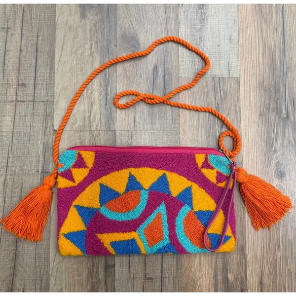 Boho Embroidered Crossbody Bag Colorful Tassel Shoulder Purse Wristlet - Image 2