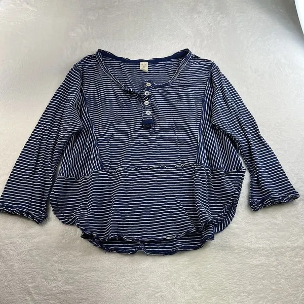 We The Free People S Small Hong Kong Henley Top Navy Striped Raw Hem Boho Beachy - Image 4