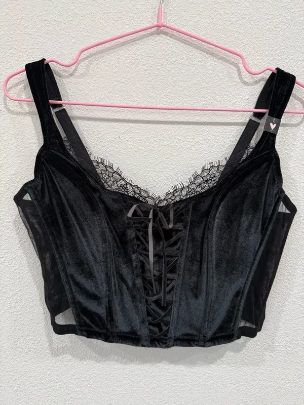 VS Black Velvet Lace Corset Bustier Top Size Large Y2K Coquette - Image 2