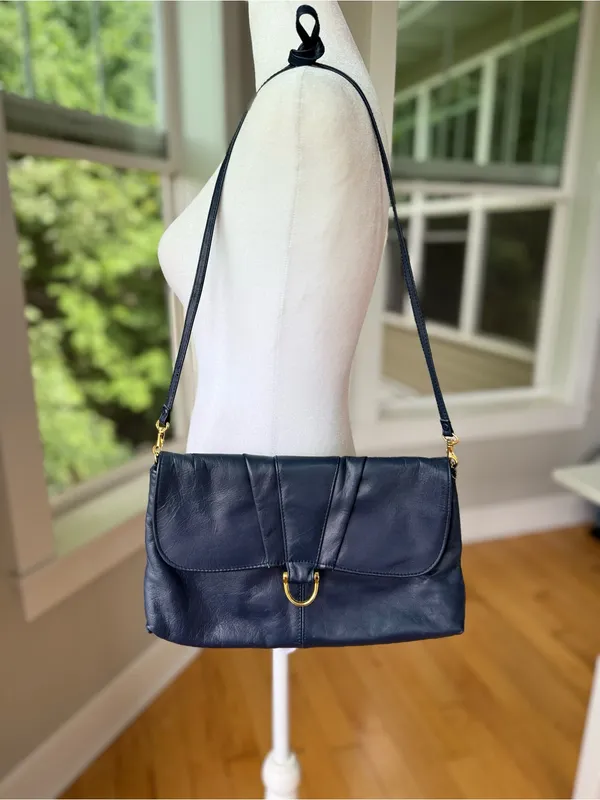 Vintage 80s 90s Navy Gold Genuine Leather Purse Shoulder Bag - Image 4