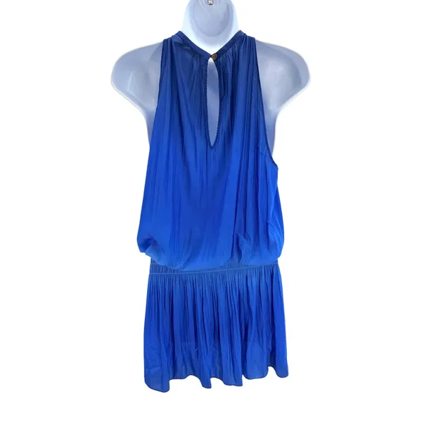 Ramy Brook Paris Sleeveless Mini Dress L Large Blue Smocked Blouson High‎ Neck - Image 3