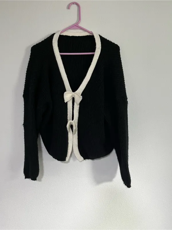 SHEIN Black & Cream Bow-Trim Cardigan Sweater - Women's size M - Image 2
