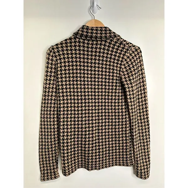 Chaps Houndstooth Knit Moto Jacket Tan Black Asymmetrical Zip Sweater Size Small - Image 4
