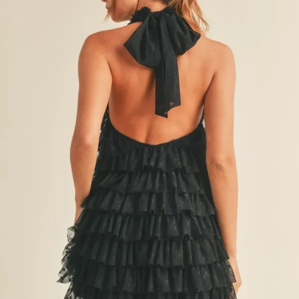 Floral print lace high neck halter ruffle tiered frill mini dress - Image 4