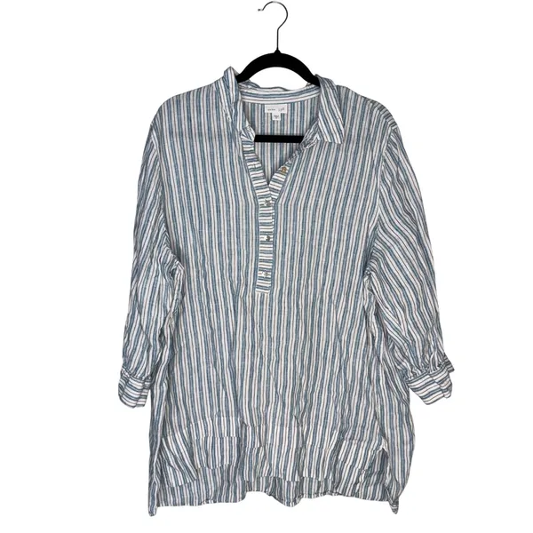 J. Jill Love Linen Tunic Women XL Blue White Striped Henley 100% Linen Excellent - Image 2