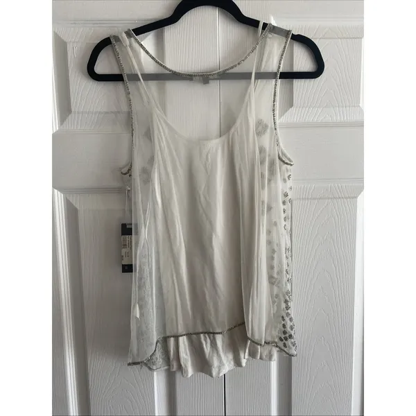 Teen Angel Bugle Beaded Tank Womens Size XS White Silver Mesh‎ Y2K Glam Sparkle - Image 6