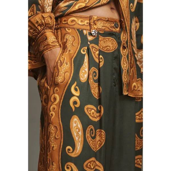 Farm Rio x‎ Anthropologie Printed Wide-Leg Pants Green Gold Paisley silky flowy - Image 2
