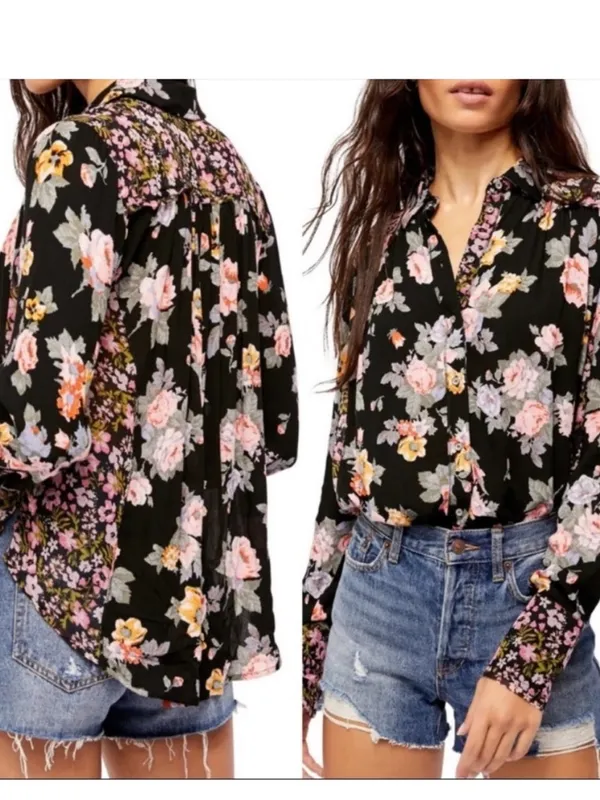 Free People Hold Onto Me Floral Button‎ Down Top Size Medium Black - Image 2