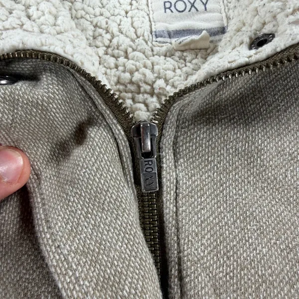 Y2K Roxy Beautiful Adventure Sherpa Lined Full Zip Hoodie Tan Khaki Womens Large - Image 7