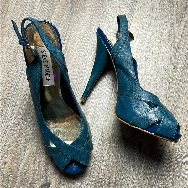 Steve Madden Leather Marlene Teal Peep Toe Heels - Image 2