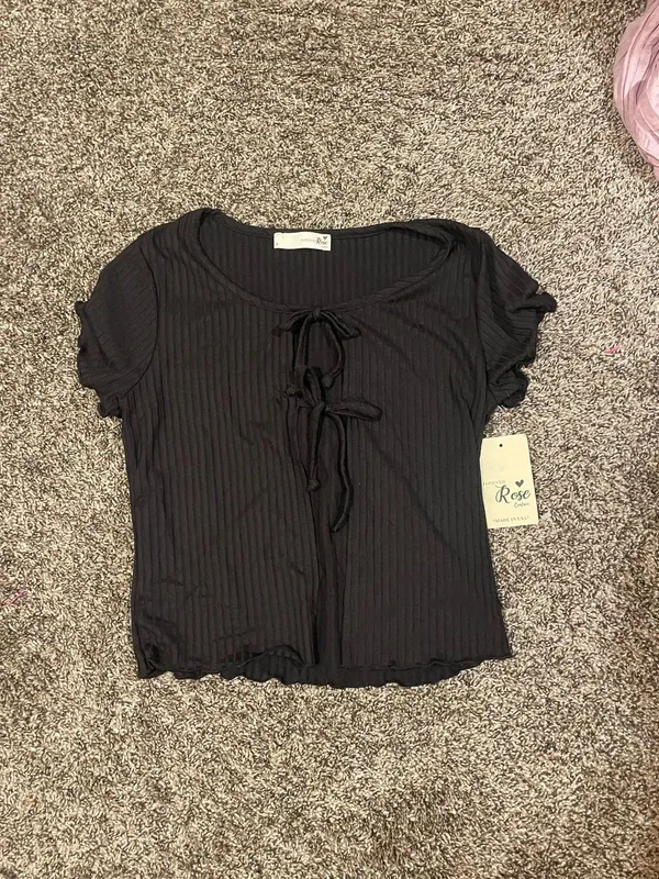 Black Tie Front Short Sleeve Top - Image 2