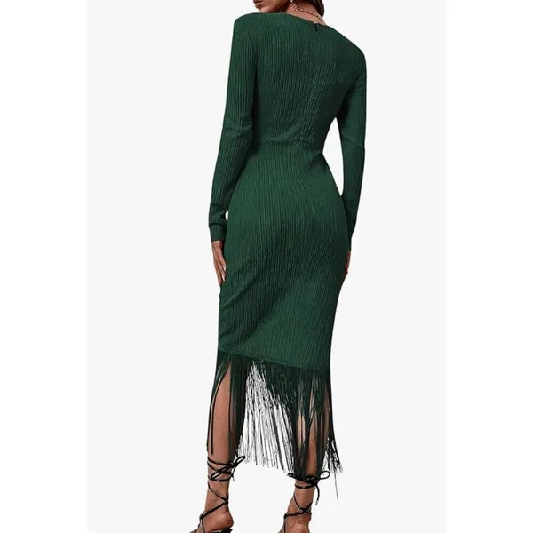 Women's Fringe Wrap Ruched V Neck Long Sleeve Solid Bodycon Party Maxi Dress siz - Image 2