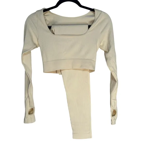 Ribbed‎ Long Sleeve Crop Top Thumbhole Leggings Set Workout Athleisure Cream M - Image 10