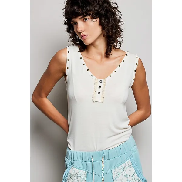 POL Studded Trim Button-Front Ruffle Detail‎ Tank - Cream - Medium - Image 2