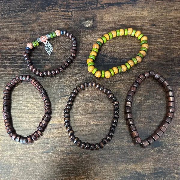 Boho Green and Brown Layered Beaded Bracelet with Leaf Charm - Image 3