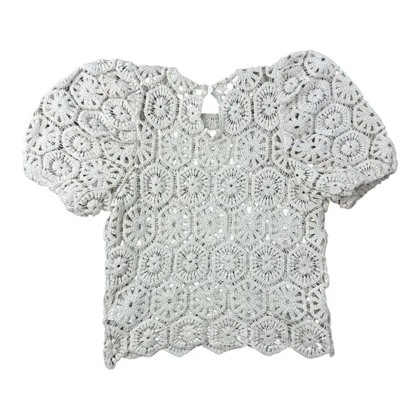 Idem Ditto Cream Cotton Boho Blouse Small Puff Sleeve Stiff Statement‎ Top - Image 7