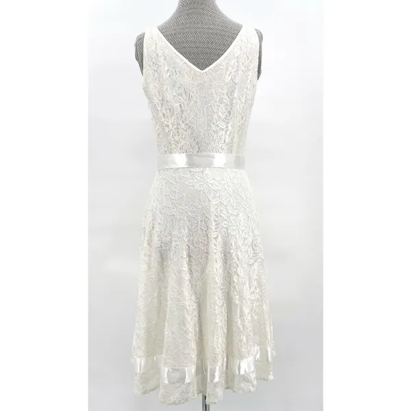 Tahari White Lace Satin Bow Dress Sleeveless V Ivory Wedding Eloping ASL Size 8 - Image 2