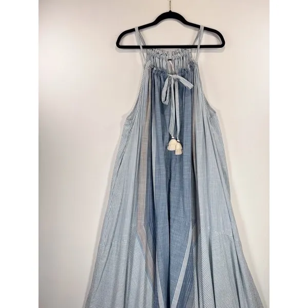 Free People Maxi Dress Blue Paradise and Back Striped Tasseled Flowy Boho Small - Image 5