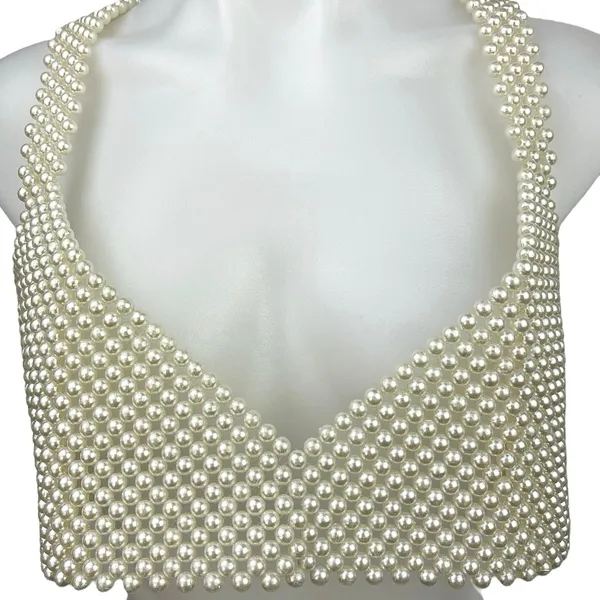 Pearl Chain Beaded Women's White V Neck Sleeveless Cami Crop Top Size S / M - Image 8