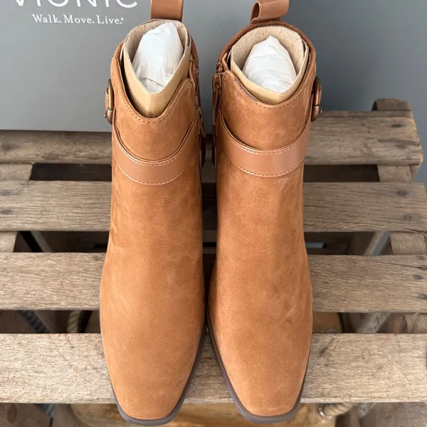 Vionic Tenley Ankle Boot Suede Leather Mid‎ Shaft Zip Closure Toffee 8M NIB - Image 7