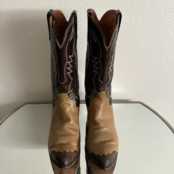 Vintage Brown Tan Leather Western Festival Wingtip Mid Calf Heeled Cowboy Boots - Image 10