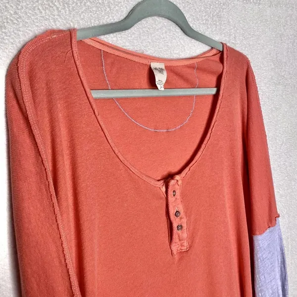 Free People We the Free Star Relaxed Distressed Henley Top Orange Linen Small - Image 3