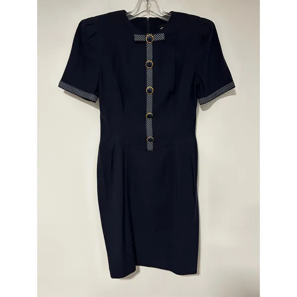 Positive Attitude Petite Vintage Navy Blue Polka Dot Bow Sheath Dress Sz 5/6 - Image 5