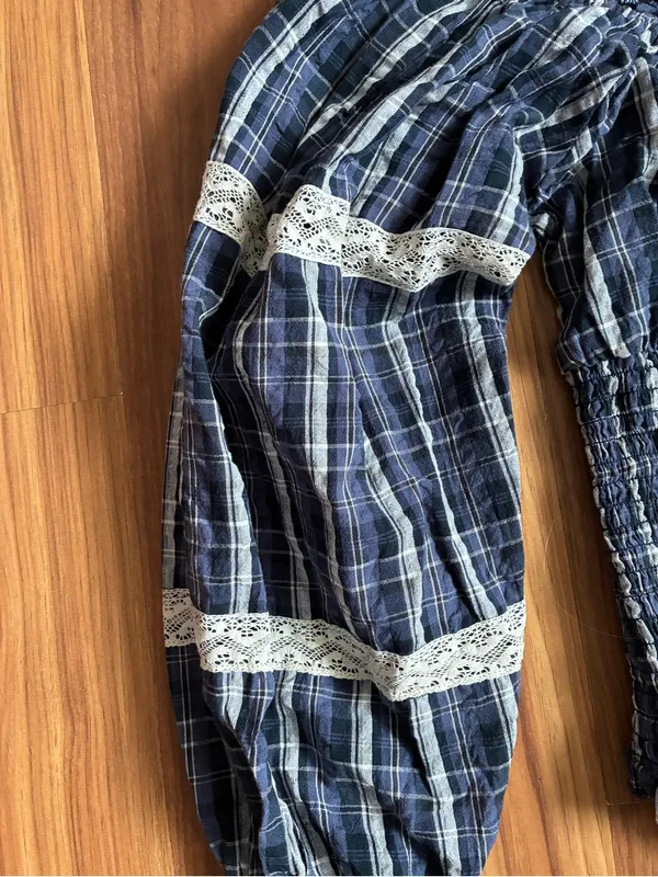 Kimchi Blue Marley Plaid Smocked Off Shoulder Blouse - Navy Blue Size S - Image 2