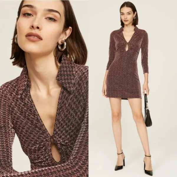 ASTR Nia Metallic Houndstooth Mini Dress XS Copper Black Vneck Jersey Stretch - Image 2