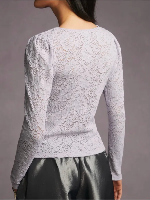 By Anthropologie Lace Button-Front Top Lavender Size Medium - Image 3