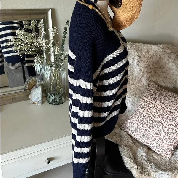 Gap shaker stitch Classic cotton navy white stripe nautical cardigan sweater M - Image 8