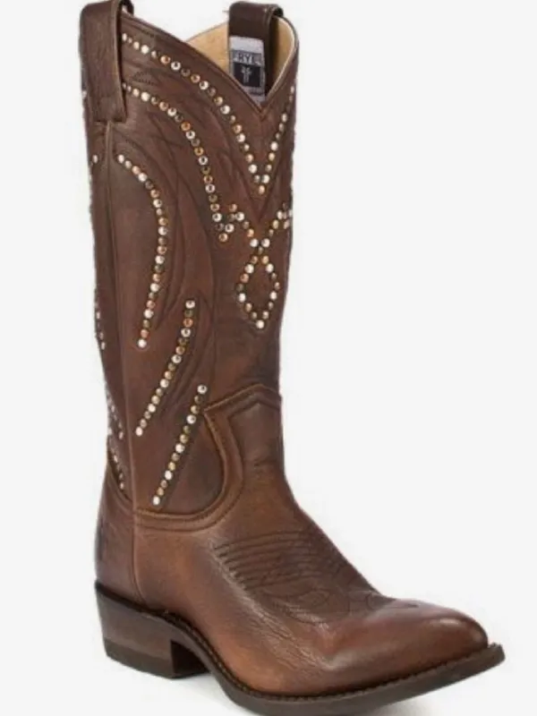 Frye Brown Billy Pull On Leather Studded Tall Cowboy Boot - Image 2