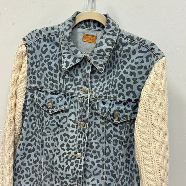 POL Leopard Print Denim Jacket Cable Knit Sleeves Blue Cream Small Oversized - Image 4