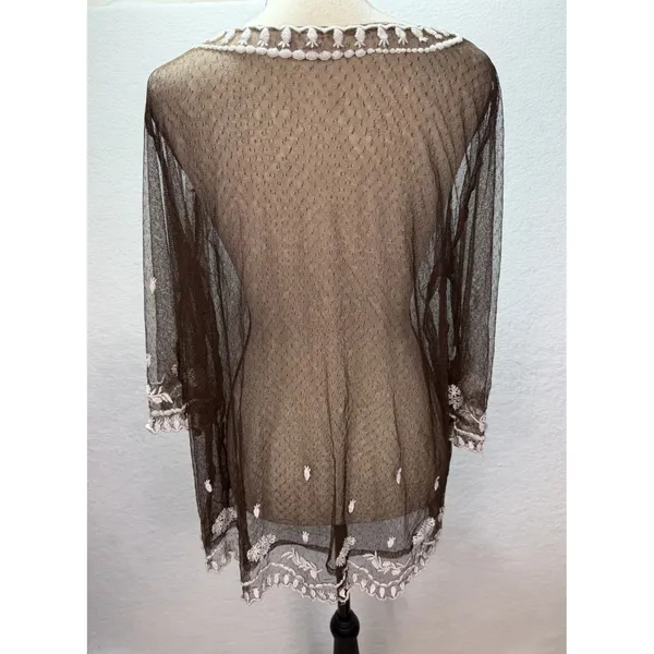 Sundance Brown Mesh Embroidered Tunic Top V-Neck 3/4 Sleeve Boho Floral Large - Image 5
