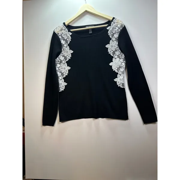 INC International Concepts Black Floral Lace Crochet Long Sleeve Sweater Large - Image 5