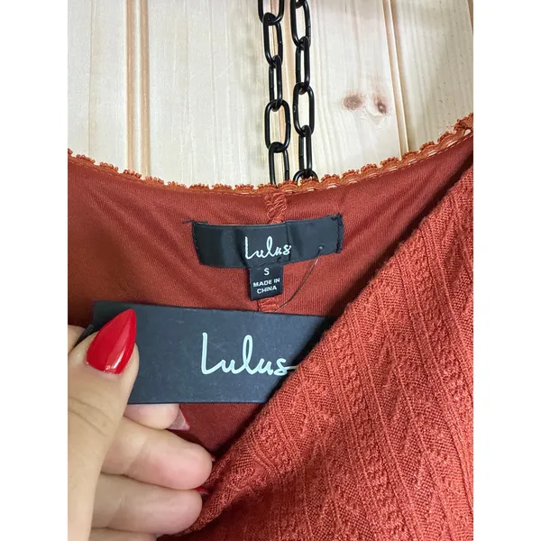NWT Lulus Coveted Sweetness Rust Pointelle Knit Long Sleeve Mini Dress Party S - Image 5