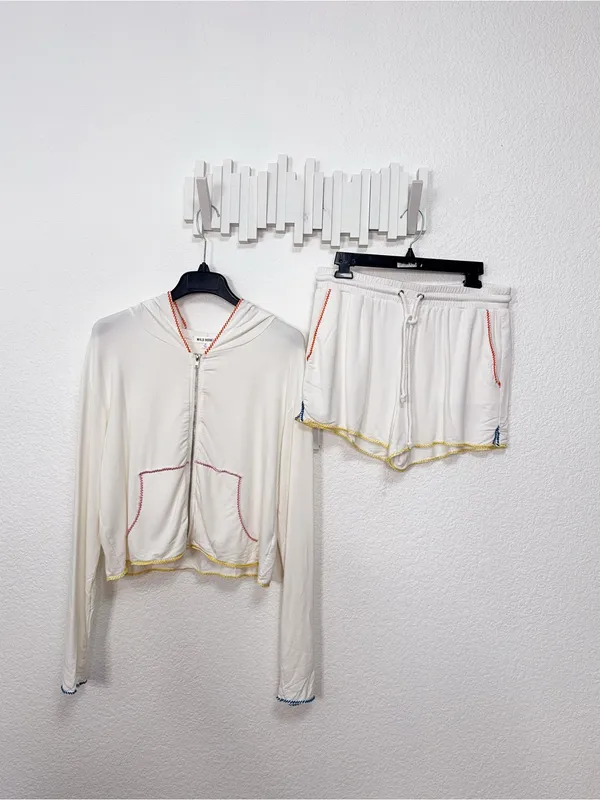Wild Honey Ivory Rainbow Contrast Stitch Zip Hoodie Shorts Two Piece Lounge Set - Image 6
