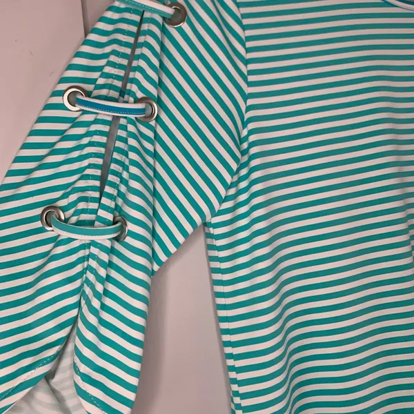 Lulu B Small Aqua Stripe UPF Top Lace Sleeve Coastal Beach Resort Cruise - Image 12